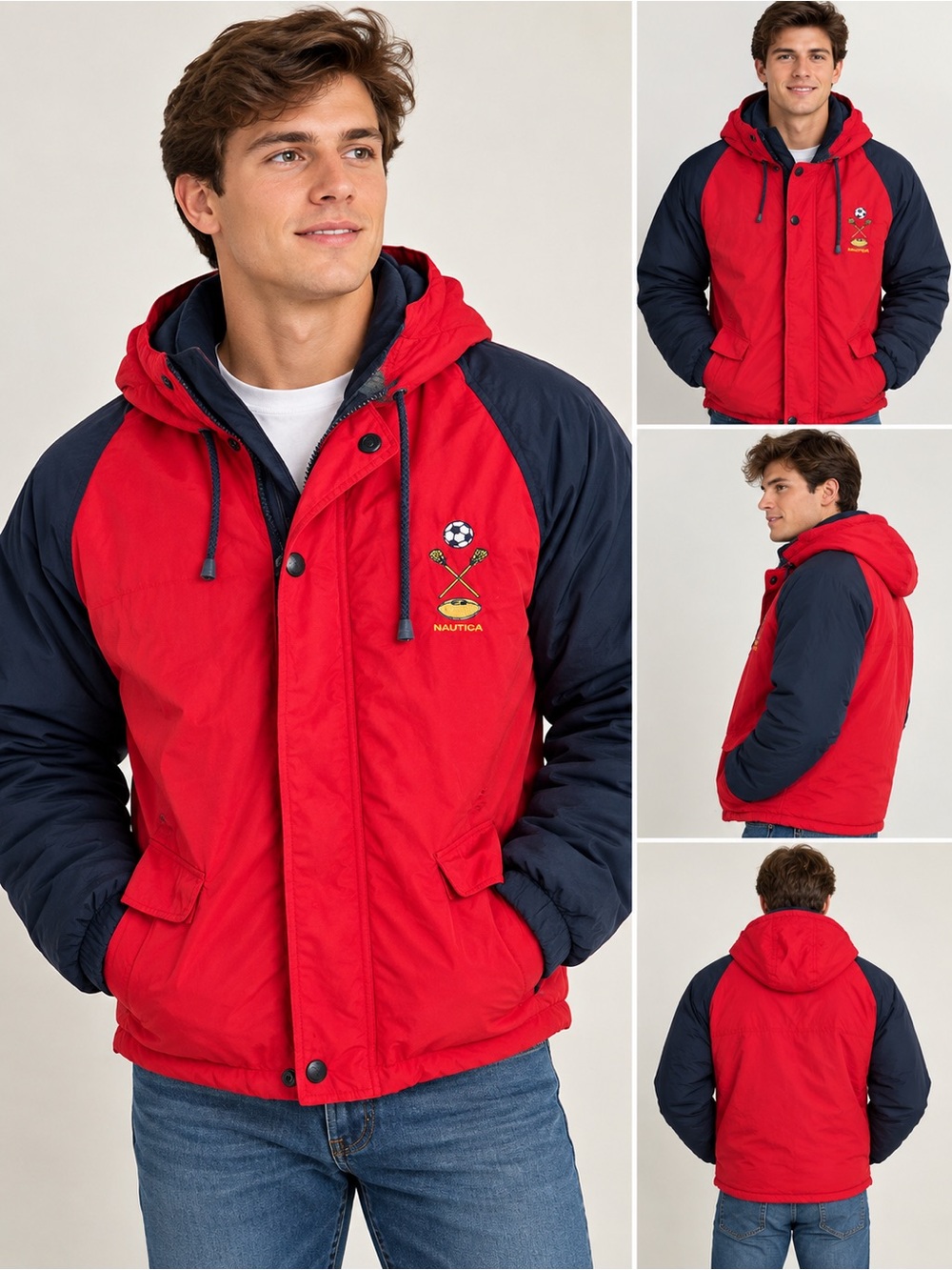 Vintage Nautica Sport Reversible Plaid Hooded Jacket Soccer Flags 90s